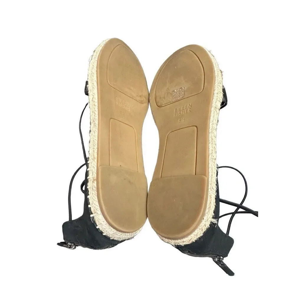 Eileen Fisher Flat Shoes Lace Leather Espadrille Wrap Sandal Black 8 Size: 81/2